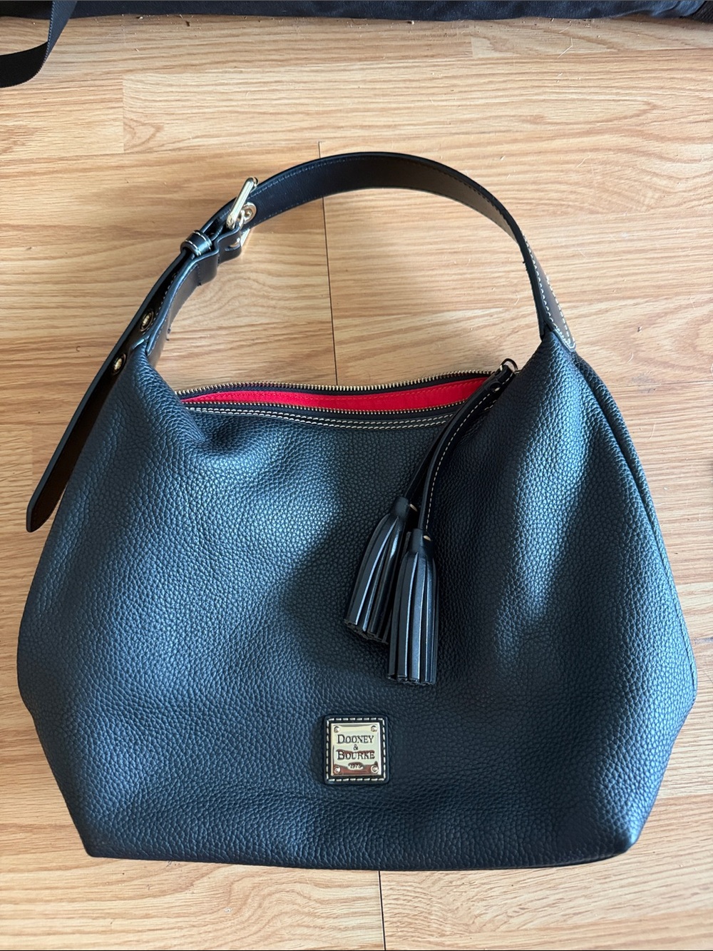 Dooney & Bourke Black Pebbled Leather Hobo with Red Interior